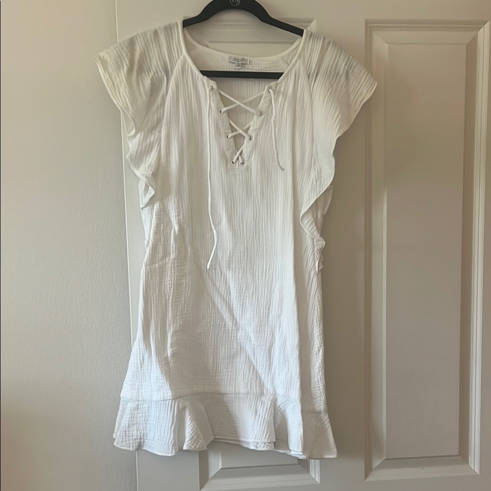White Lace-Up Ruffle Sleeve Dress
